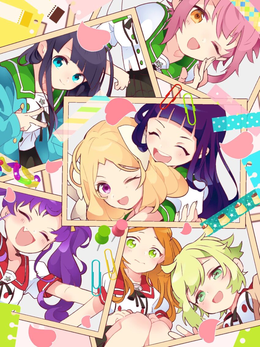 6+girls, :d, ^_^, ahoge, anzu_(ensemble_stars!), aqua_eyes, asymmetrical_bangs, black_hair