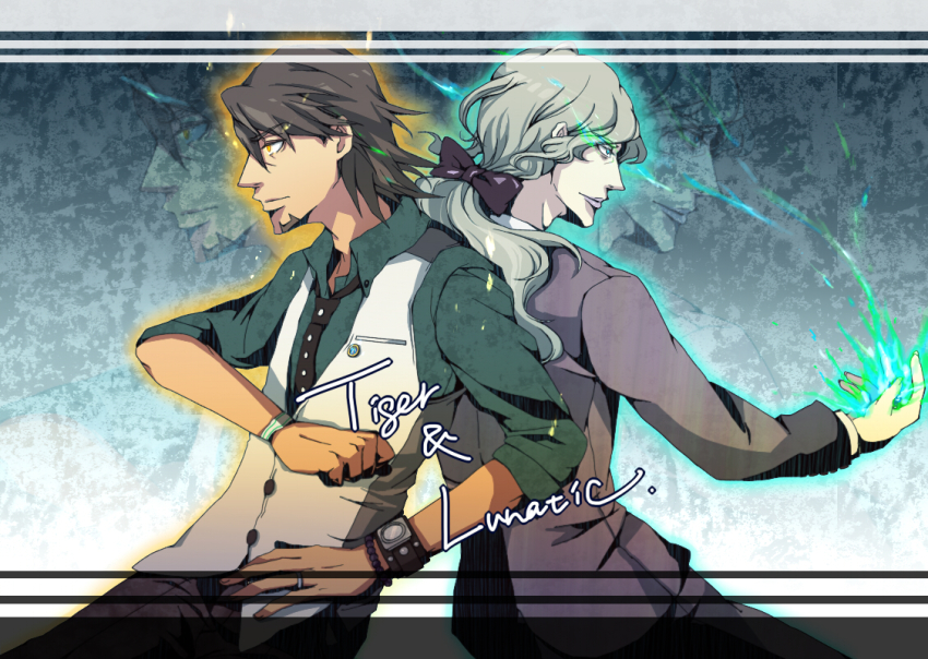 10s, 2boys, blue_eyes, blue_fire, bow, bracelet, brown_eyes, brown_hair