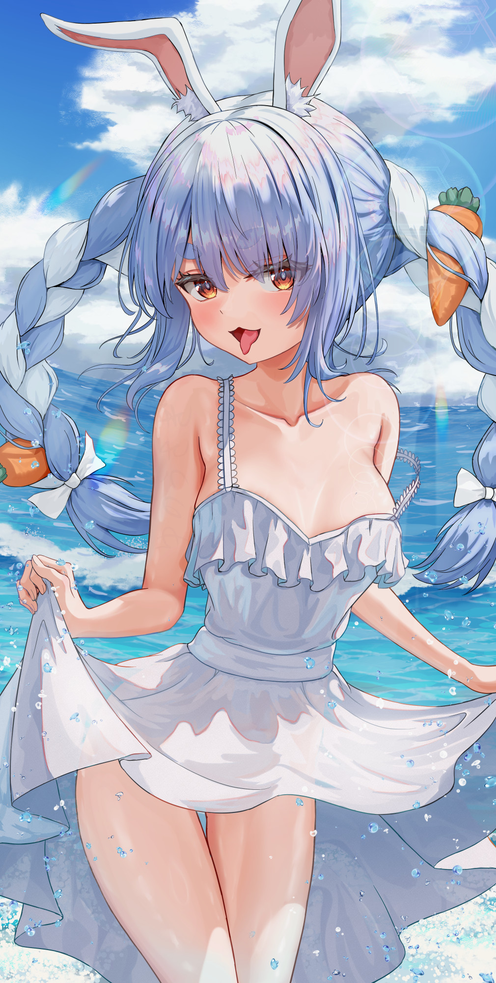 1girl, animal_ears, bare_shoulders, blue_hair, braid, breasts, carrot_hair_ornament, cloud