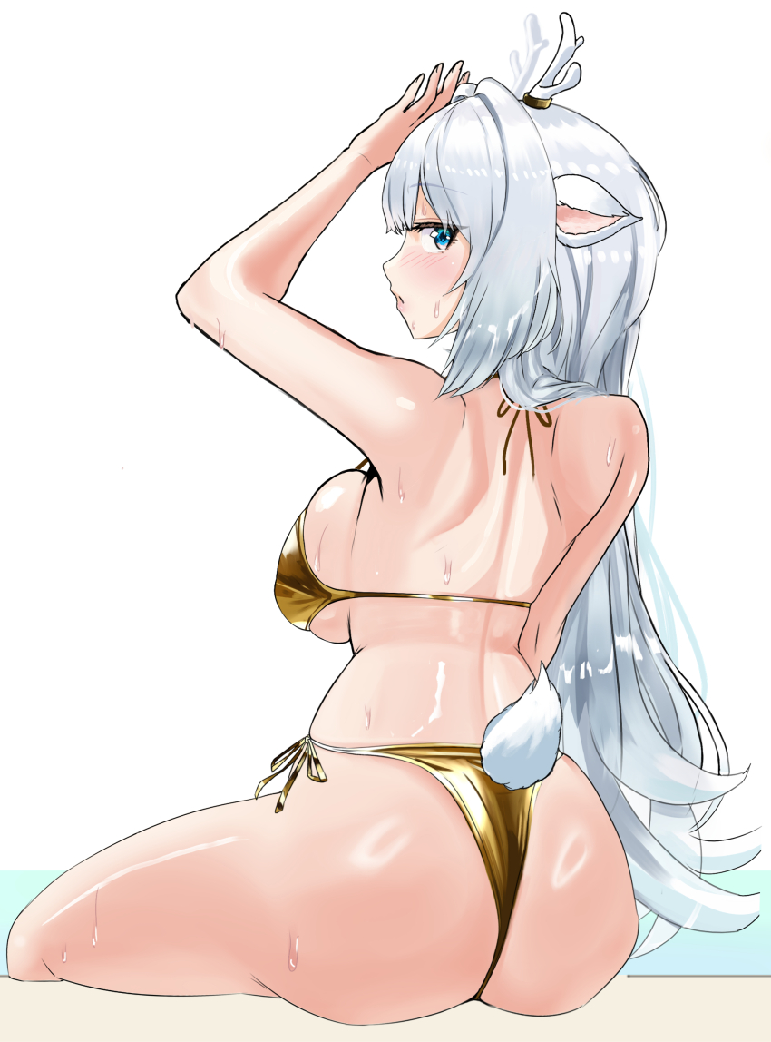 absurdres, animal_ears, antler_ring, antlers, ass, bikini, blue_eyes, breasts