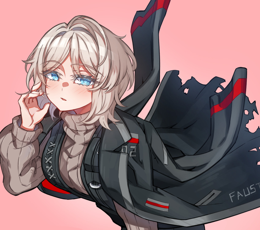 1girl, black_jacket, blue_eyes, blush, commentary, faust_(project_moon), grey_hair, grey_sweater