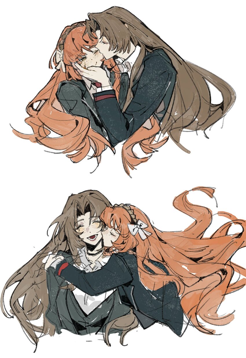 2girls, black_coat, black_vest, bow, brown_hair, brown_hairband, coat, collared_shirt, freckles, green_eyes, hair_bow, hairband, highres, ishmael_(project_moon), jingshenhuanghu, kiss, kissing_cheek, limbus_company, long_hair, long_sleeves, looking_at_another, looking_at_viewer, multiple_girls, necktie, open_mouth, orange_hair, parted_bangs, project_moon, red_necktie, rodion_(project_moon), shirt, simple_background, upper_body, vest, white_background, white_bow, white_shirt, yuri