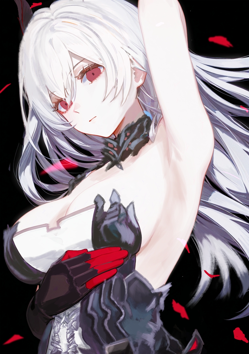 1girl, arm_behind_head, arm_under_breasts, armpit_focus, armpits, berenica_(duet_night_abyss), black_background, black_dress, black_gloves, breasts, cleavage, closed_mouth, commentary, demon_girl, demon_horns, dress, duet_night_abyss, expressionless, eyelashes, faster_crisis, floating_hair, from_below, gloves, hair_between_eyes, horns, large_breasts, long_hair, looking_at_viewer, presenting_armpit, red_eyes, sideboob, simple_background, solo, strapless, strapless_dress, upper_body, very_long_hair, white_hair