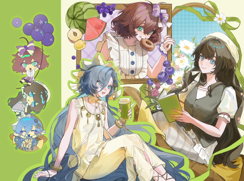 37_(naisnow)_(reverse:1999), 37_(reverse:1999), 3girls, :d, absurdres, arm_support, bagel, bare_arms