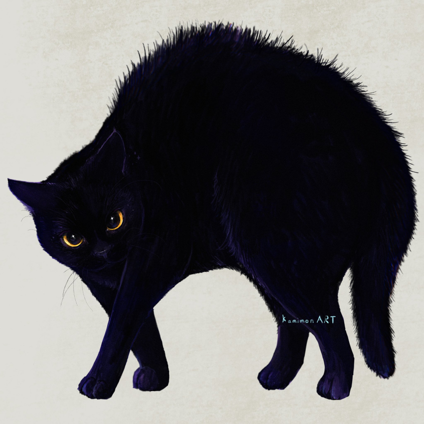 animal, animal_focus, artist_name, black_cat, cat, commentary_request, grey_background, highres