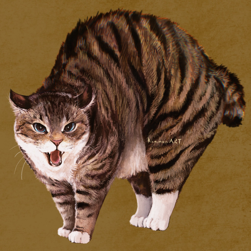 animal, animal_focus, artist_name, brown_background, cat, commentary_request, fangs, grey_cat, highres, kamimon2016, looking_at_viewer, no_humans, open_mouth, original, whiskers