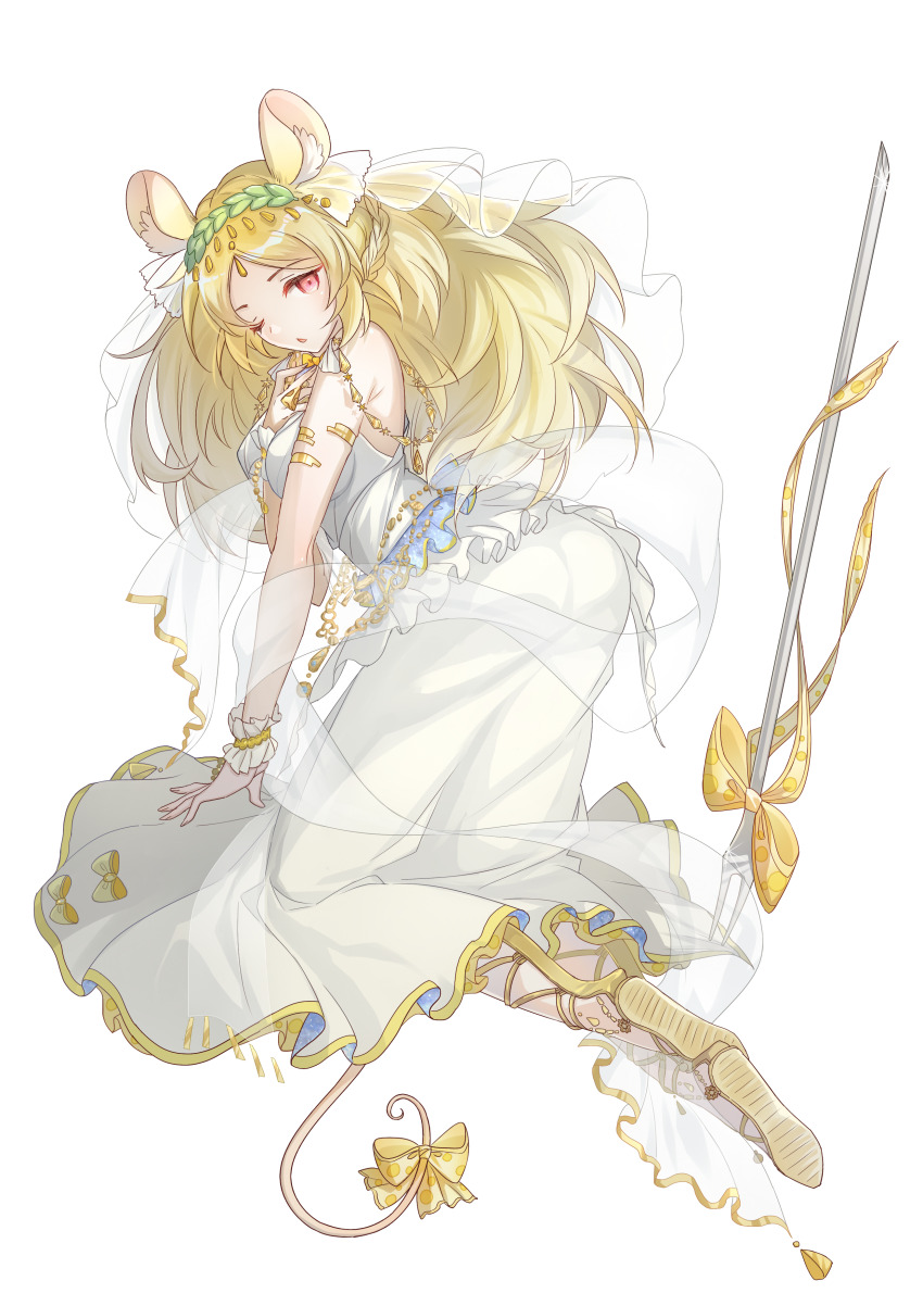 1girl, absurdres, animal_ear_fluff, animal_ears, blonde_hair, bow, breasts, cheese_(food_fantasy), dress, food_fantasy, highres, long_hair, mouse_ears, mouse_girl, mouse_tail, official_art, one_eye_closed, pink_eyes, simple_background, solo, tail, tail_bow, tail_ornament, third-party_source, transparent_background, white_dress, yellow_bow