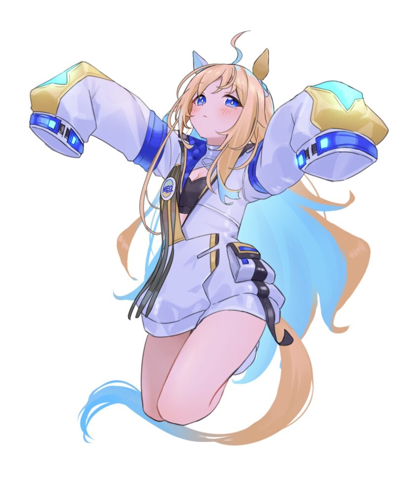 1girl, :<, ahoge, animal_ears, arms_up, blue_eyes, blue_hair, blush