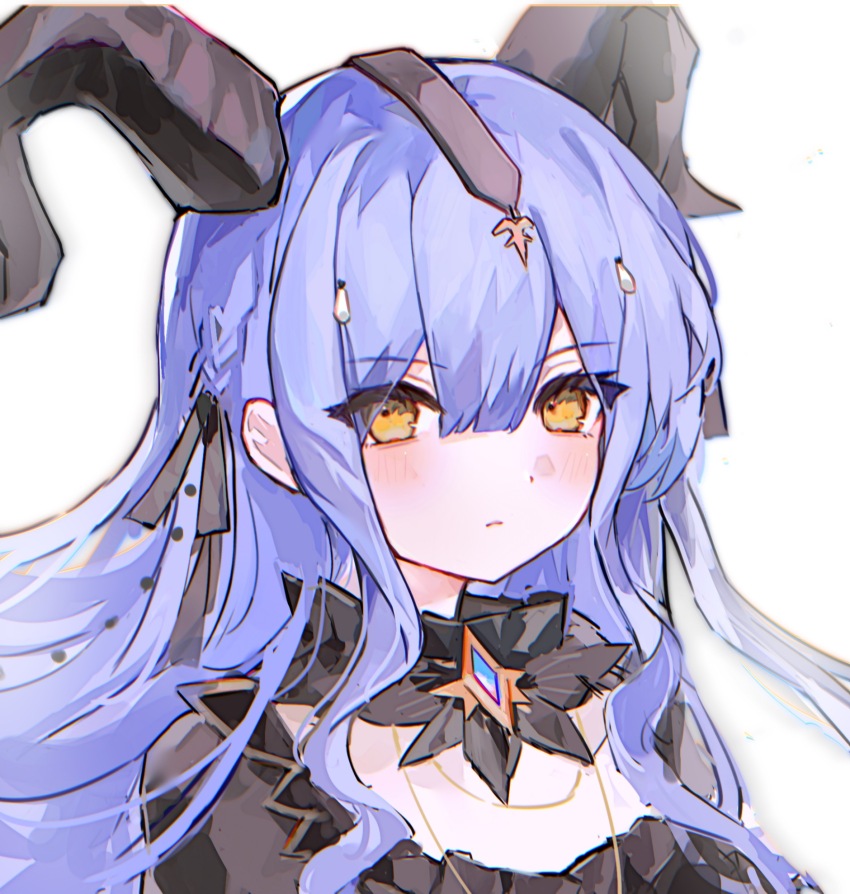 1girl, arknights, bang_dream!, bang_dream!_it's_mygo!!!!!, black_horns, black_ribbon, blue_hair, blunt_bangs, blush, chinese_commentary, closed_mouth, commentary_request, curled_horns, detached_collar, hair_between_eyes, hair_ribbon, highres, horns, long_hair, looking_at_viewer, ribbon, sidelocks, simple_background, solo, togawa_sakiko, togawa_sakiko_(master_of_melodia), upper_body, white_background, yellow_eyes, zhixiang_chifan