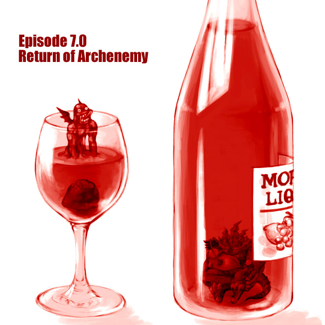 alcohol, bottle, cherry, commentary_request, cup, demon, drinking_glass, english_text