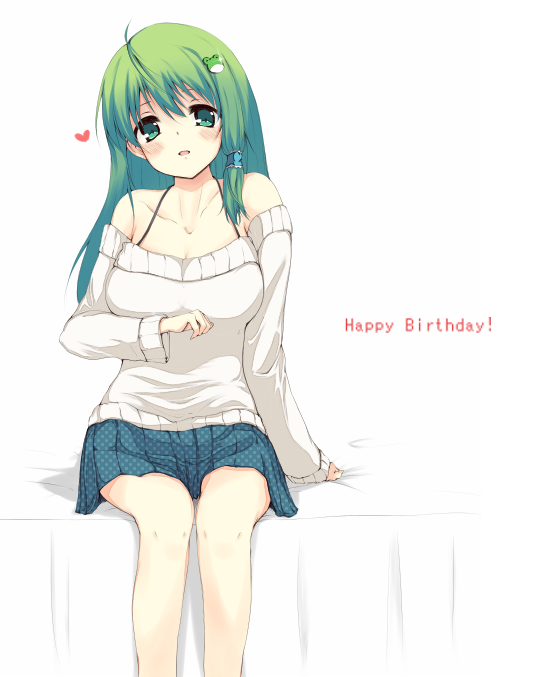 1girl, akisa, bad_id, bad_pixiv_id, bare_shoulders, casual, female_focus, green_eyes