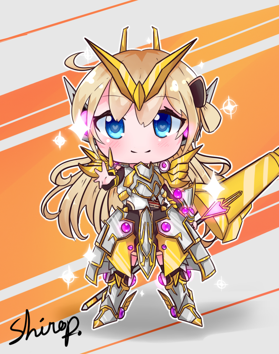 1girl, accesscode_talker, ahoge, armor, blonde_hair, blue_eyes, blush, chibi
