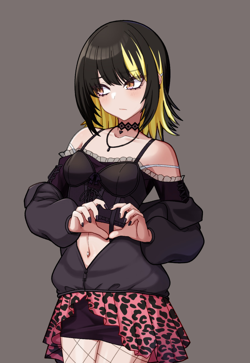 animal_print, black_hair, blonde_hair, blonde_streaks, collarbone, ear_piercing, fishnet_pantyhose, fishnets