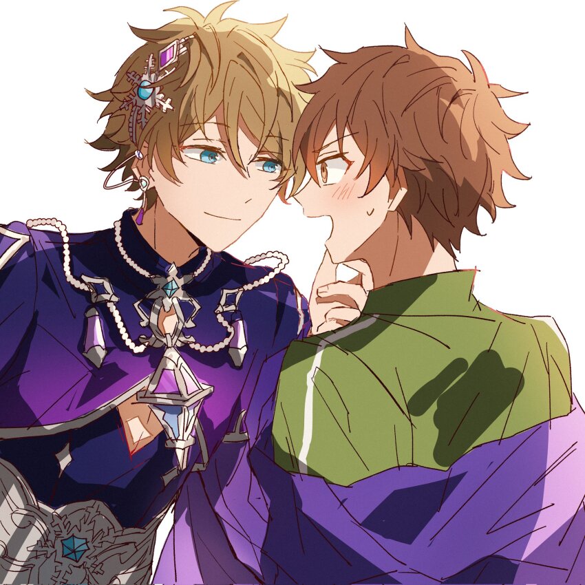 2boys, aqua_eyes, blush, brown_eyes, brown_hair, cleavage_cutout, closed_mouth, clothing_cutout