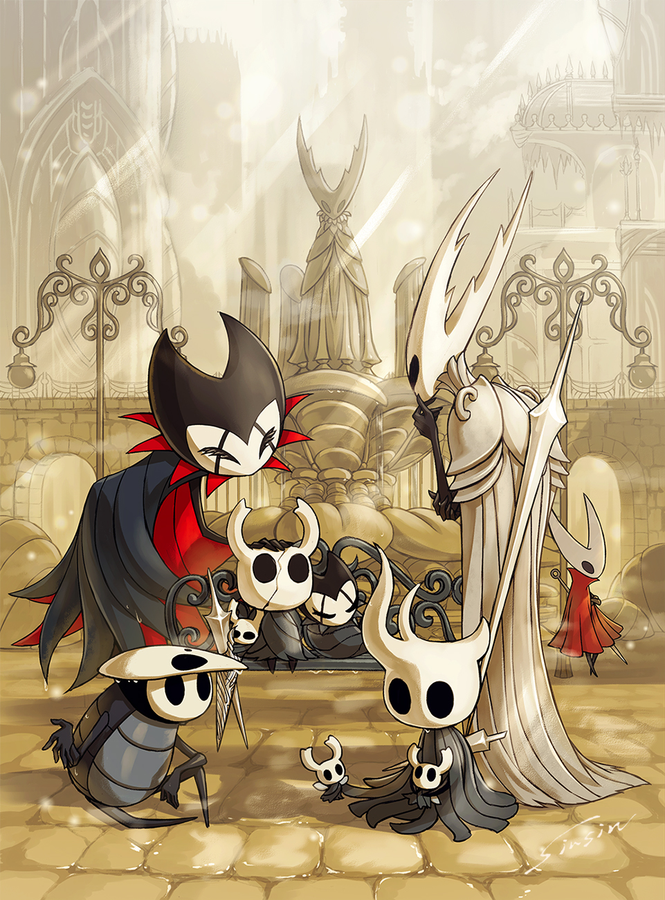 armor, bench, black_cloak, broken_vessel_(hollow_knight), cloak, closed_eyes, commentary_request, cracked_mask