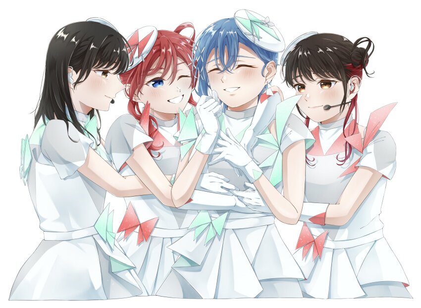 4girls, black_hair, blue_hair, brown_eyes, closed_eyes, closed_mouth, commentary_request, earrings, gloves, hair_bun, hands_up, headset, highres, hug, jewelry, love_live!, love_live!_superstar!!, multicolored_hair, multiple_girls, official_alternate_costume, one_eye_closed, ookuma_wakana, real_life, red_eyes, red_hair, short_hair_with_long_locks, simple_background, single_hair_bun, smile, special_color_(love_live!), teeth, two-tone_hair, voice_actor, voice_actor_connection, wakana_shiki, white_background, white_gloves, wotaku_jinsei_enjoy_ikioi, yabushima_akane, yoneme_mei