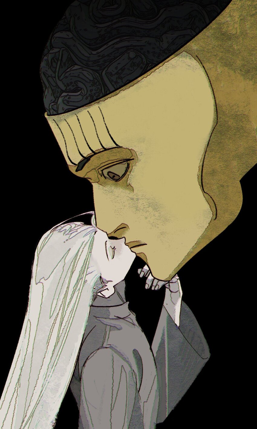 2boys, arm_up, black_background, brain, brown_eyes, closed_eyes, closed_mouth, colored_skin