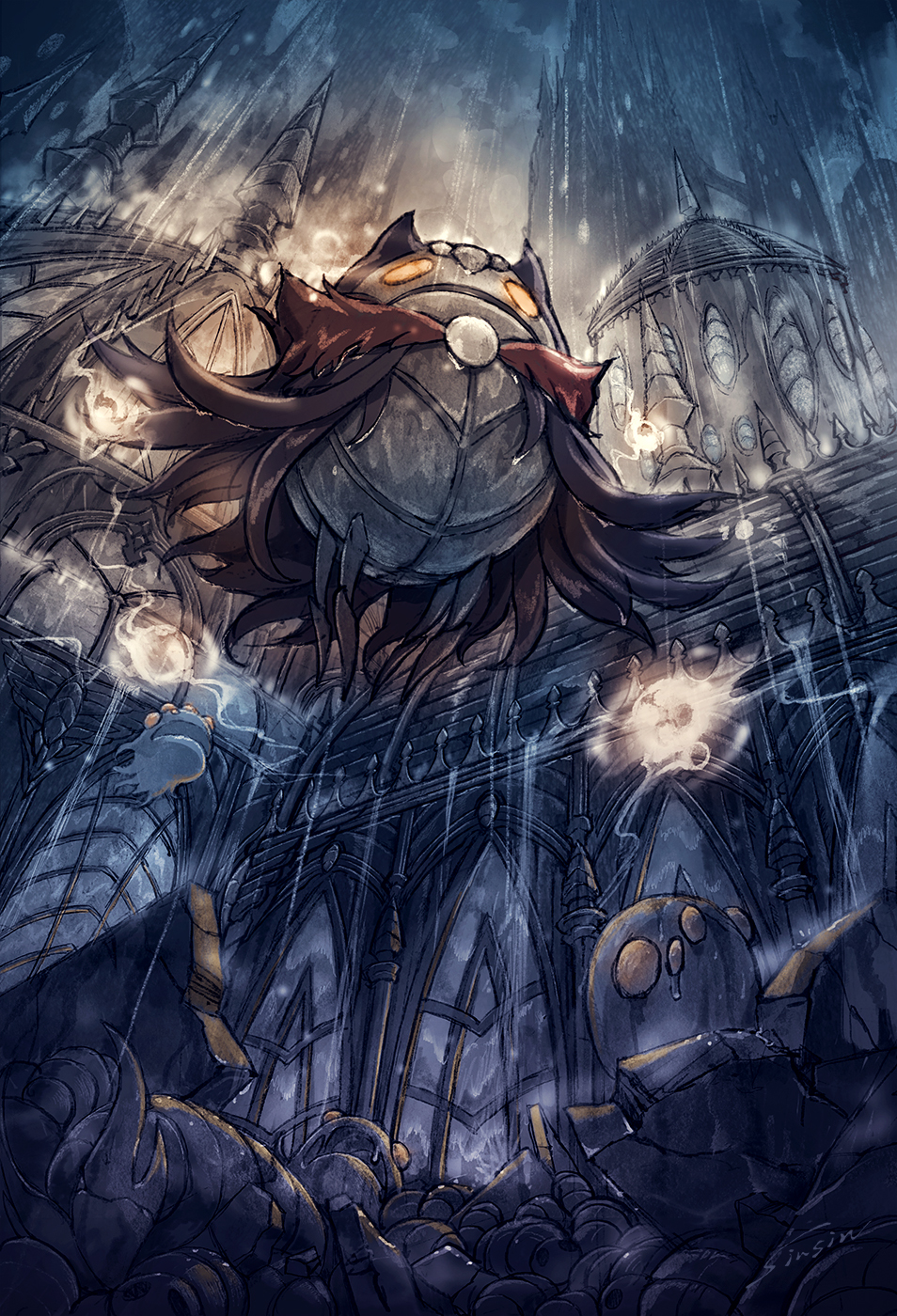 1boy, arthropod_boy, building, cape, closed_mouth, commentary_request, floating, folly_(hollow_knight), grey_cape, highres, hollow_knight, horns, male_focus, mamoru_mikokoro, mistake_(hollow_knight), monster, multiple_legs, orange_eyes, rain, soul_master_(hollow_knight)