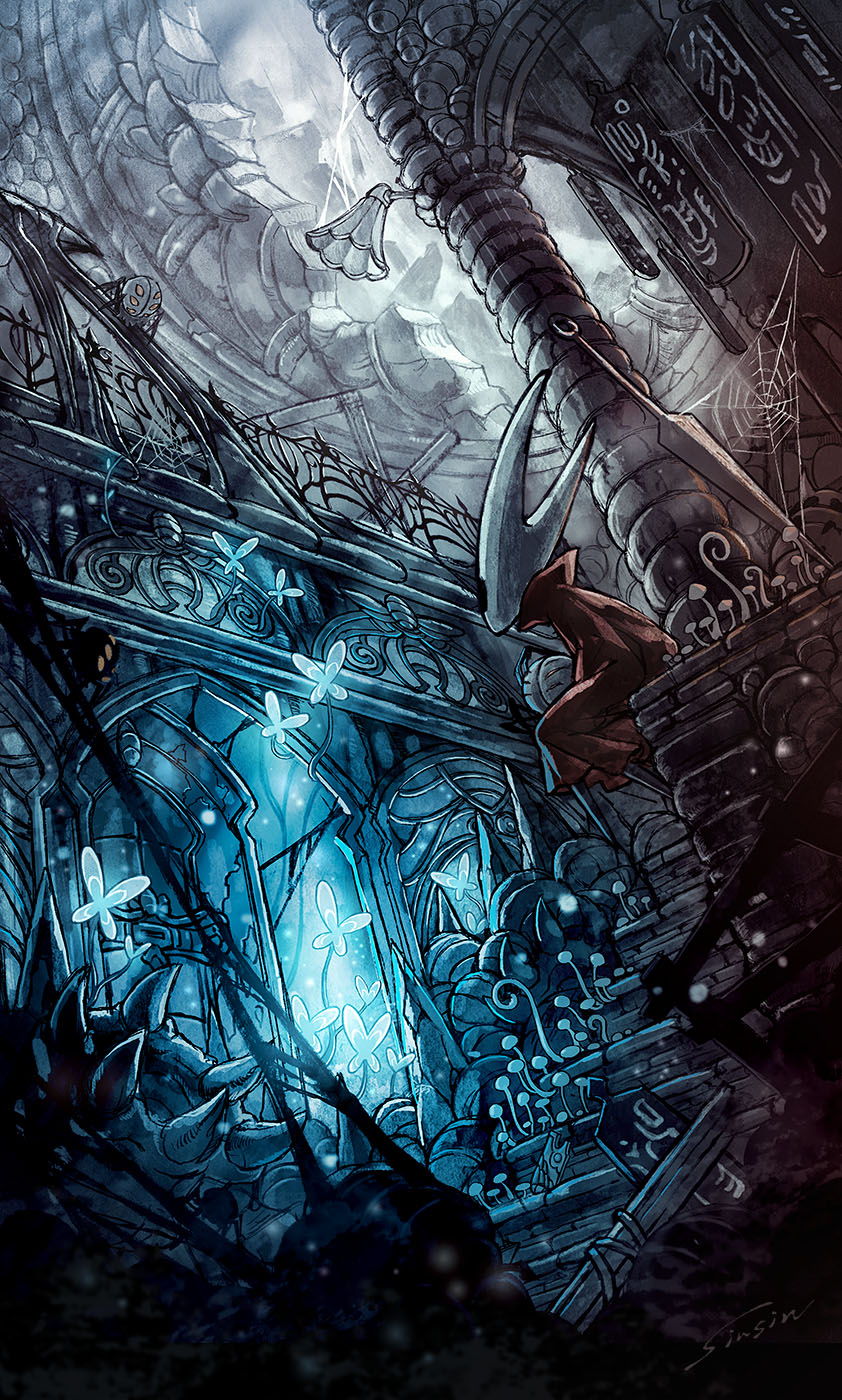 1girl, arthropod_girl, bug, cloak, commentary_request, glowing, glowing_eyes, highres