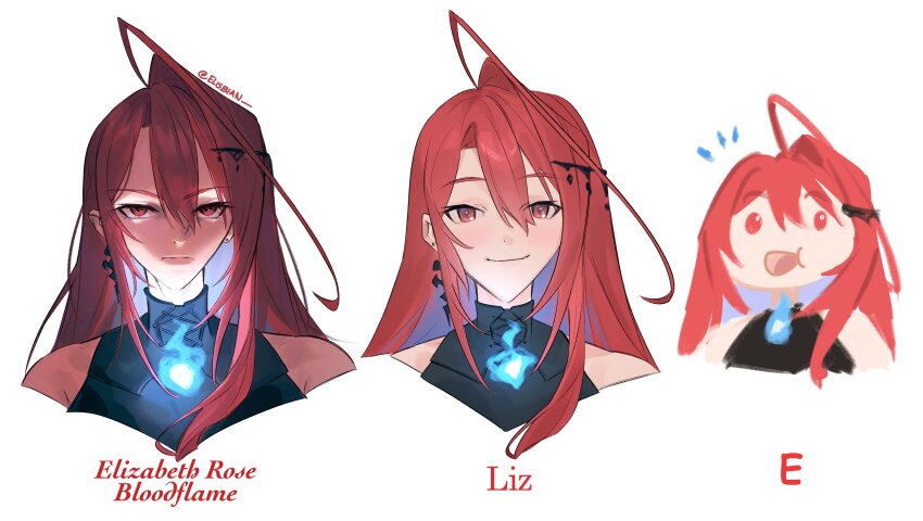 1girl, :d, :|, absurdres, ahoge, artist_name, blue_fire, blue_hair, character_name, chibi, closed_mouth, colored_inner_hair, commentary, comparison, cropped_shoulders, elisbian, elizabeth_rose_bloodflame, elizabeth_rose_bloodflame_(1st_costume), english_commentary, fire, fire_on_chest, highres, hololive, hololive_english, how_much_can_i_simplify, huge_ahoge, long_hair, looking_at_viewer, multicolored_hair, multiple_views, open_mouth, red_eyes, red_hair, simple_background, smile, twitter_username, two-tone_hair, upper_body, v-shaped_eyebrows, very_long_hair, virtual_youtuber, white_background