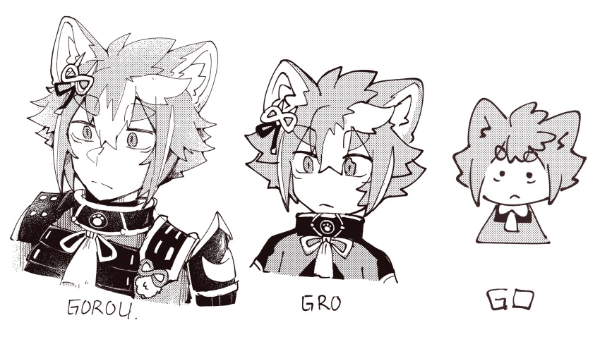 1boy, :<, animal_ears, armor, character_name, chibi, commentary, comparison, cropped_shoulders, dog_boy, dog_ears, english_commentary, frown, genshin_impact, gorou_(genshin_impact), greyscale, hair_between_eyes, highres, how_much_can_i_simplify, japanese_armor, japanese_clothes, lontongs, male_focus, monochrome, multicolored_hair, multiple_views, simple_background, streaked_hair, thick_eyebrows, upper_body, white_background