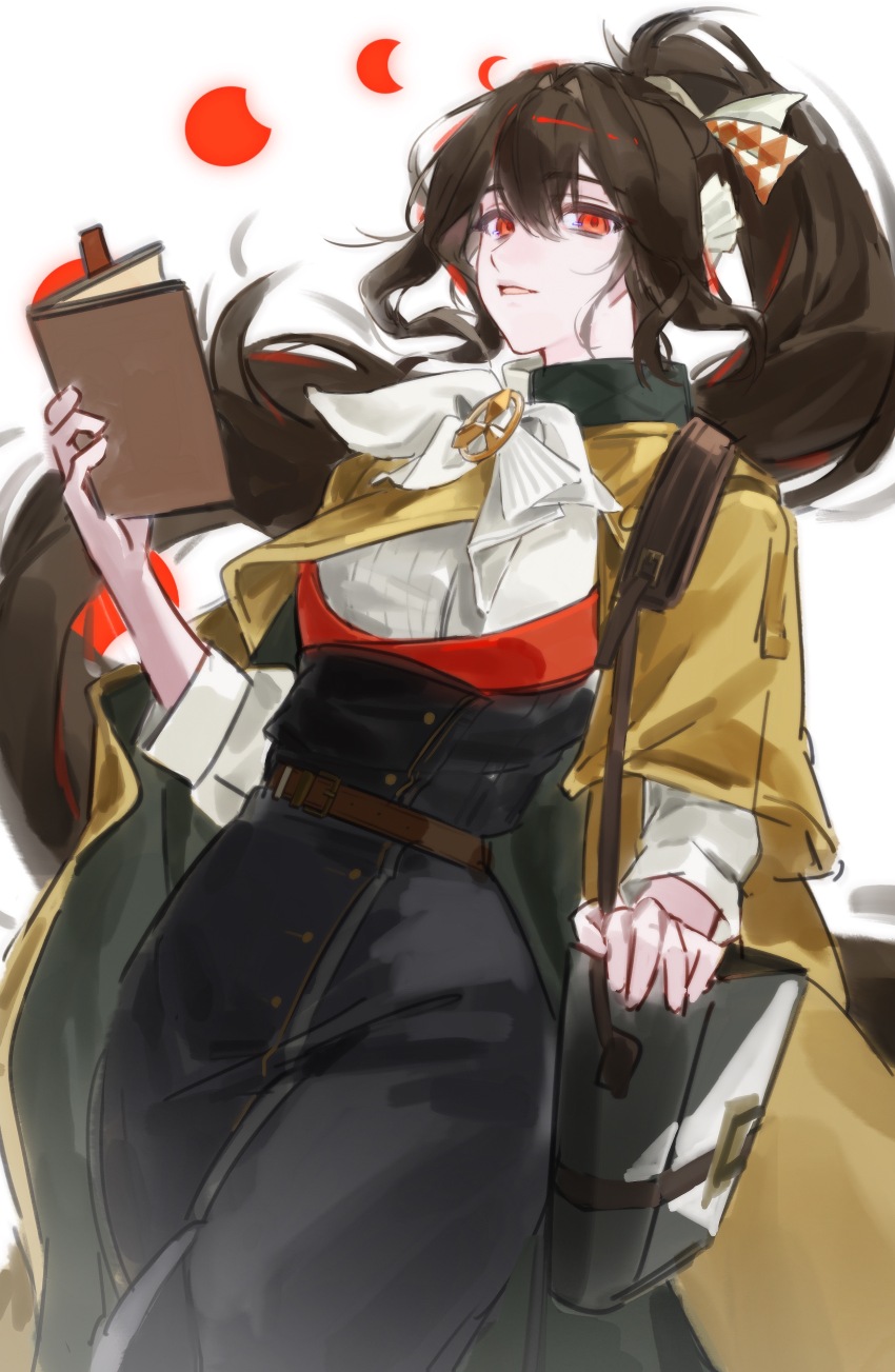 1girl, absurdres, bag, black_hair, black_skirt, bow, brown_cape, cape