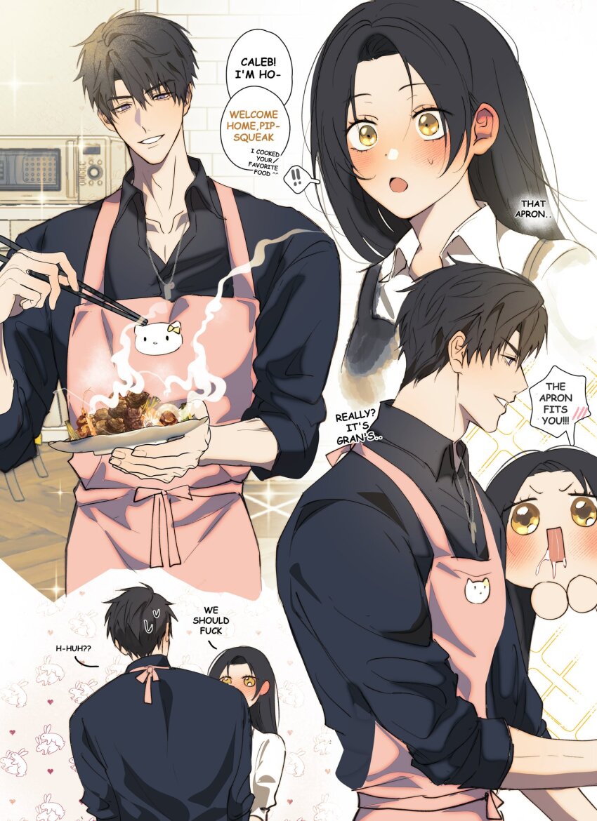 1boy, 1girl, :o, apron, black_hair, black_shirt, blush, brown_eyes