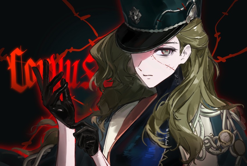 1girl, absurdres, adjusting_clothes, adjusting_gloves, black_background, black_dress, black_gloves, black_hat