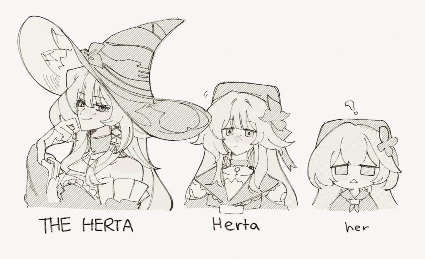 1girl, :|, ?, character_name, choker, closed_mouth, commentary, comparison, flower, freckles, greyscale, hand_up, hat, hat_flower, herta_(honkai:_star_rail), highres, honkai:_star_rail, honkai_(series), how_much_can_i_simplify, jitome, key, key_choker, large_hat, long_hair, long_sleeves, monochrome, multiple_views, sidelocks, simple_background, skion, smile, smug, the_herta_(honkai:_star_rail), triangle_mouth, white_background, witch_hat