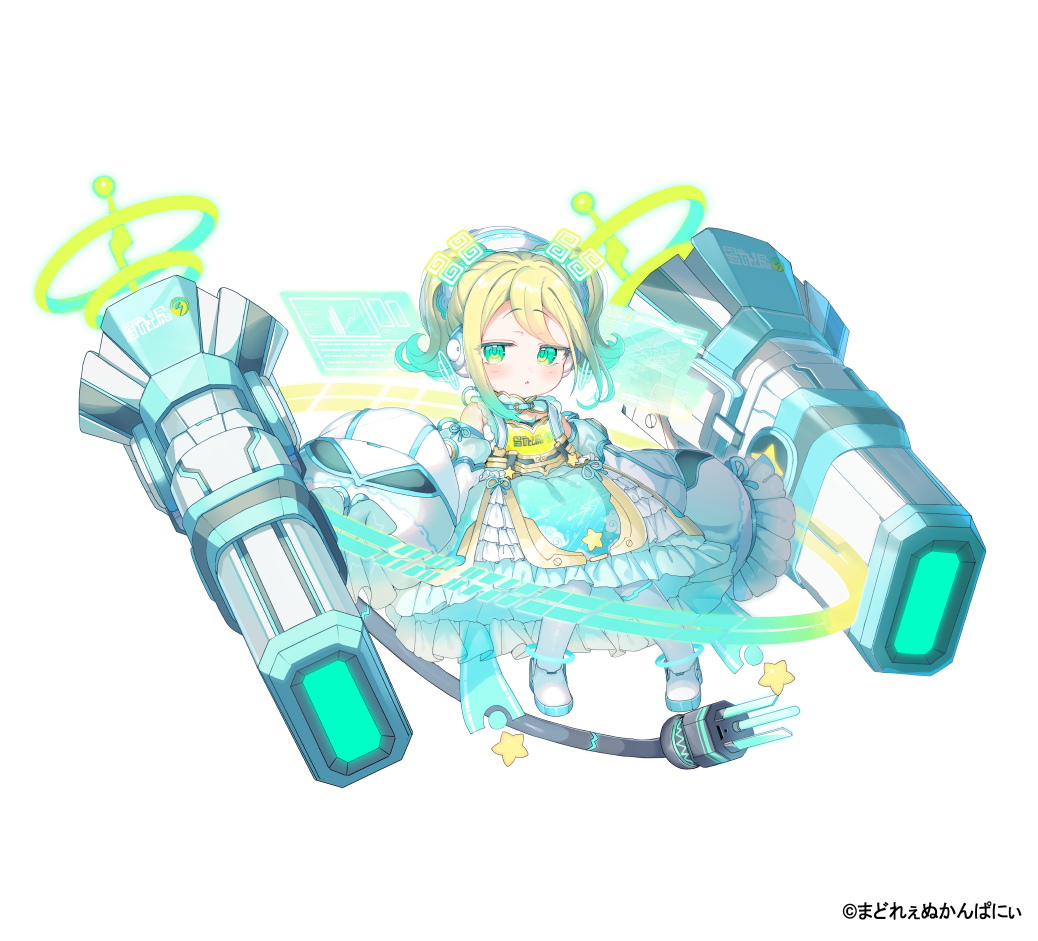 1girl, blonde_hair, blue_dress, blue_hair, cable, cable_tail, character_request, commentary_request