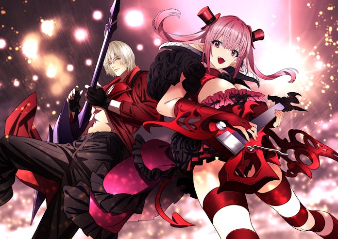 astaroth_(the_seven_deadly_sins), black_flower, black_rose, commission, dante_(devil_may_cry), demon_girl, demon_horns, demon_tail