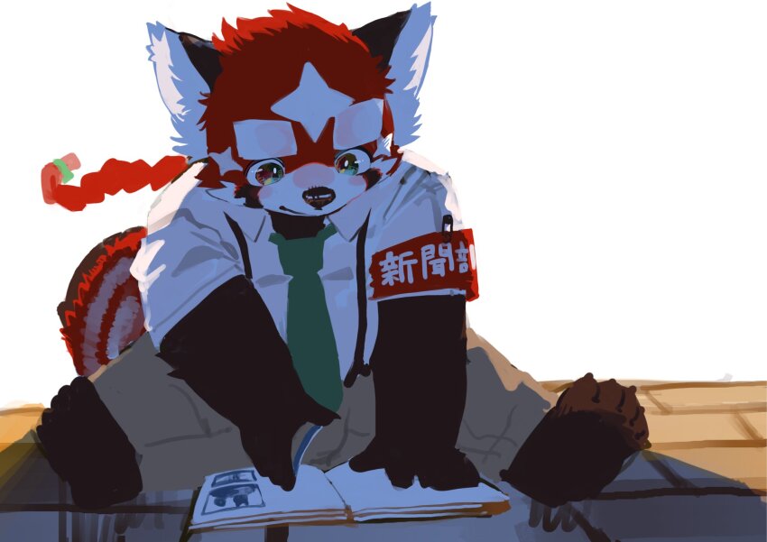 1boy, armband, barefoot, black_fur, book, closed_mouth, commentary, english_commentary