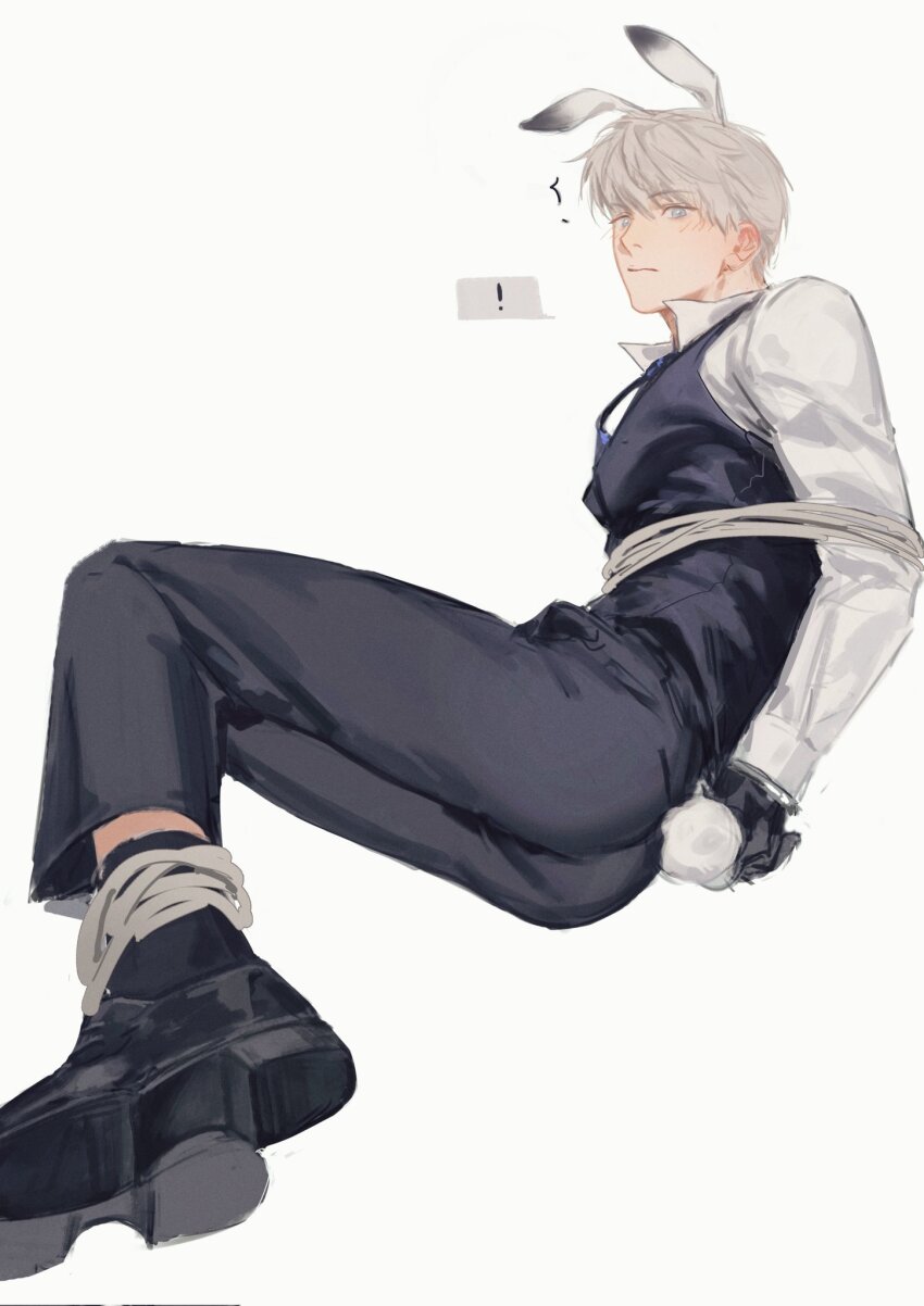 !, 1boy, animal_ears, ankle_socks, arms_behind_back, black_necktie, black_pants, black_shoes