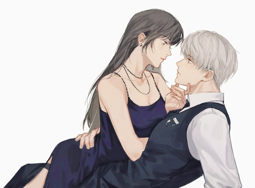 1boy, 1girl, black_hair, black_necktie, black_vest, blue_eyes, closed_mouth, couple, dress, dress_shirt, earrings, eye_contact, from_side, grey_eyes, hand_on_another's_back, hand_on_another's_chin, hetero, highres, jewelry, leaning_back, looking_at_another, love_and_deepspace, necklace, necktie, on_person, orihara0820, protagonist_(love_and_deepspace), purple_dress, shirt, short_hair, simple_background, sitting, smile, spaghetti_strap, thigh_strap, vest, white_background, white_hair, white_shirt, xavier_(love_and_deepspace)