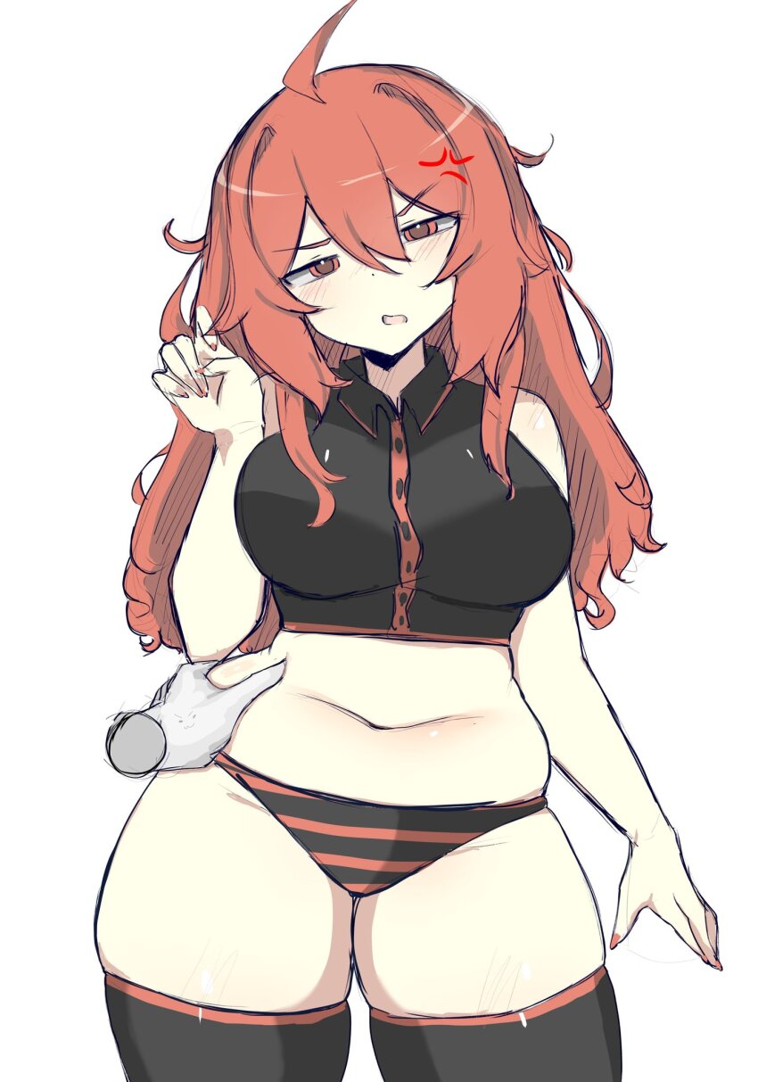 1girl, ahoge, alternate_hairstyle, anger_vein, belly, black_panties, black_thighhighs, blush