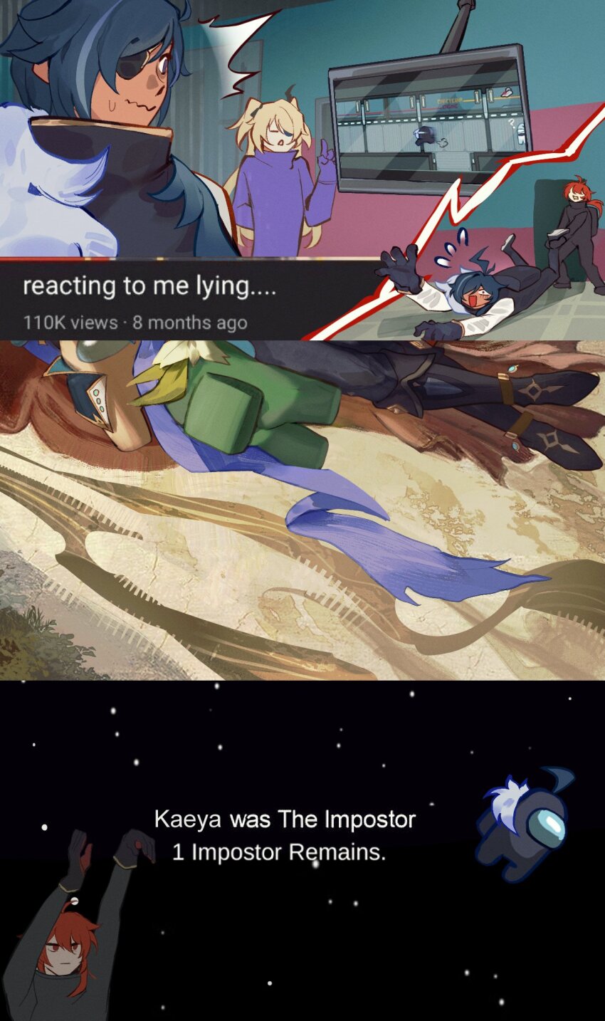 1girl, 1other, 2boys, :|, alternate_costume, among_us, blonde_hair, blood