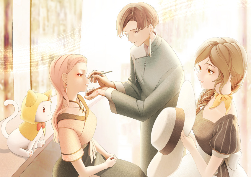 1_hcs, 1boy, 2girls, :3, absurdres, animal, applying_another's_makeup, applying_makeup