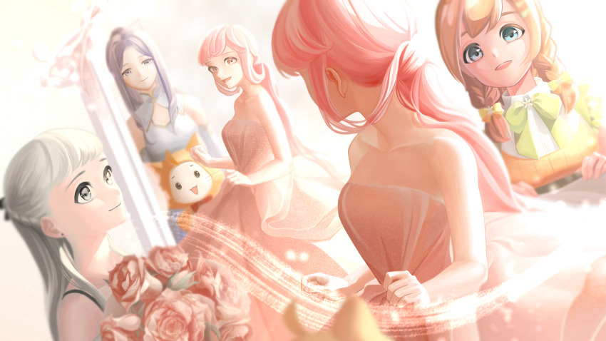 1_hcs, 4girls, ahoge, animal, bare_arms, bare_shoulders, black_bow, black_corset