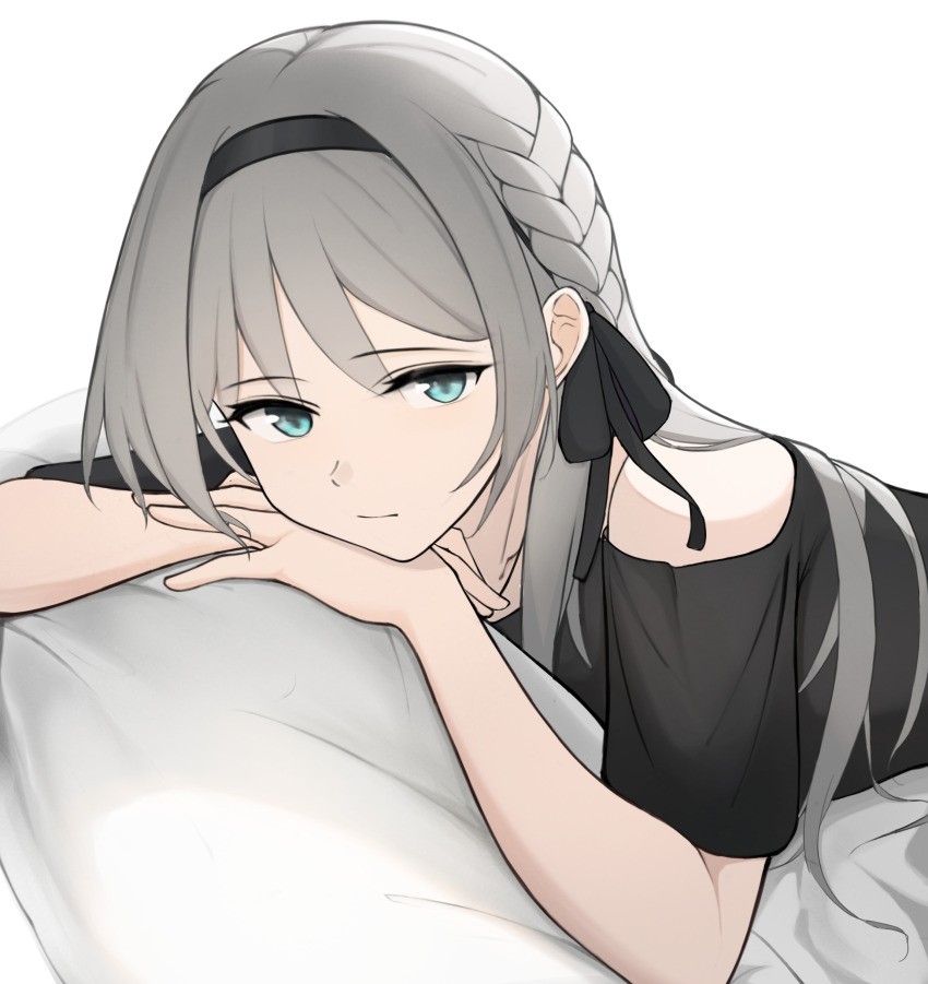 1girl, absurdres, an-94_(girls'_frontline), aqua_eyes, black_dress, black_hairband, closed_mouth, commentary