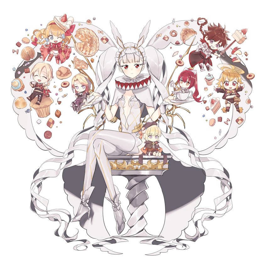 3boys, 5girls, absurdres, animal_ear_hairband, animal_ears, capelet, chibi, chibi_inset