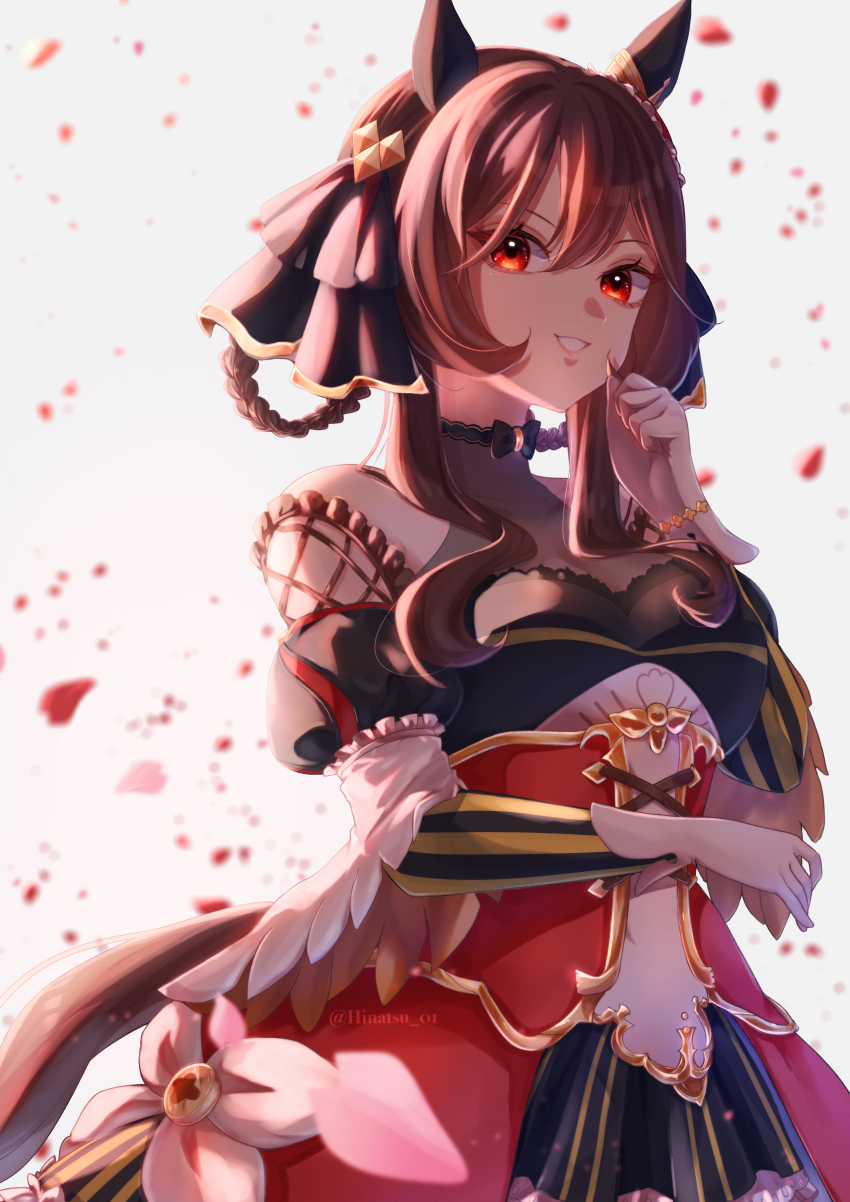 1girl, absurdres, animal_ears, bare_shoulders, black_dress, braid, braided_hair_rings, breasts