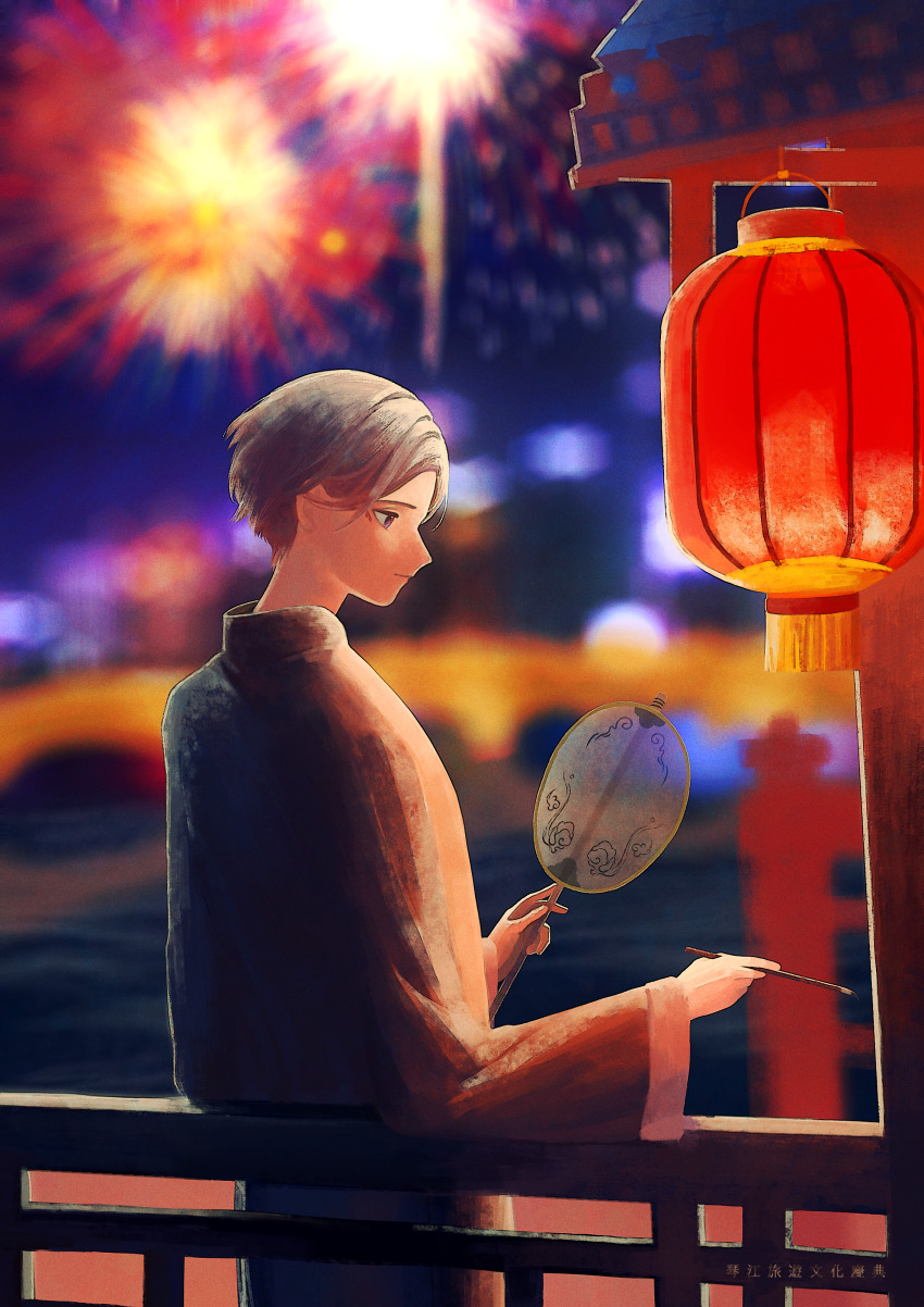 1_hcs, 1boy, absurdres, aerial_fireworks, black_hanfu, blurry, blurry_background, bridge