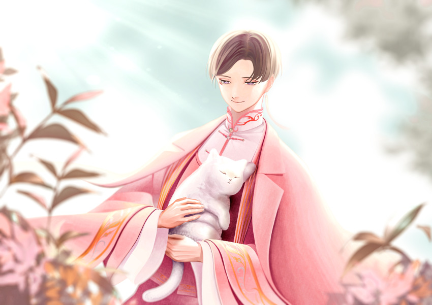 1_hcs, 1boy, absurdres, animal, blue_sky, brown_hair, cat, chinese_clothes