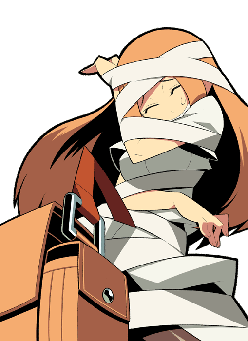 1girl, anime_coloring, archived_source, arm_under_breasts, bag, bandages, black_outline, blonde_hair