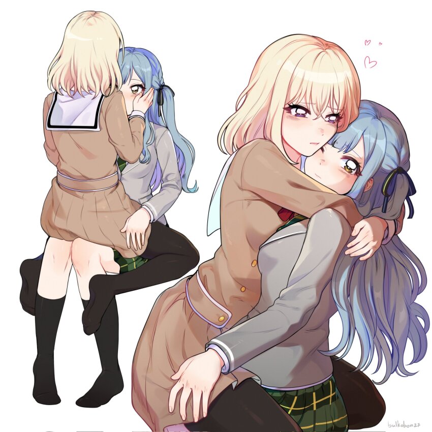 2girls, bang_dream!, bang_dream!_it's_mygo!!!!!, black_pantyhose, black_socks, blonde_hair, blue_hair, blush