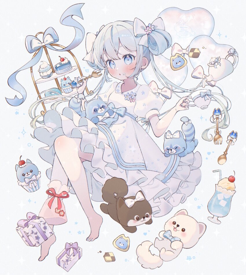 1girl, balloon, barefoot, blue_eyes, blue_hair, blush, bow, box