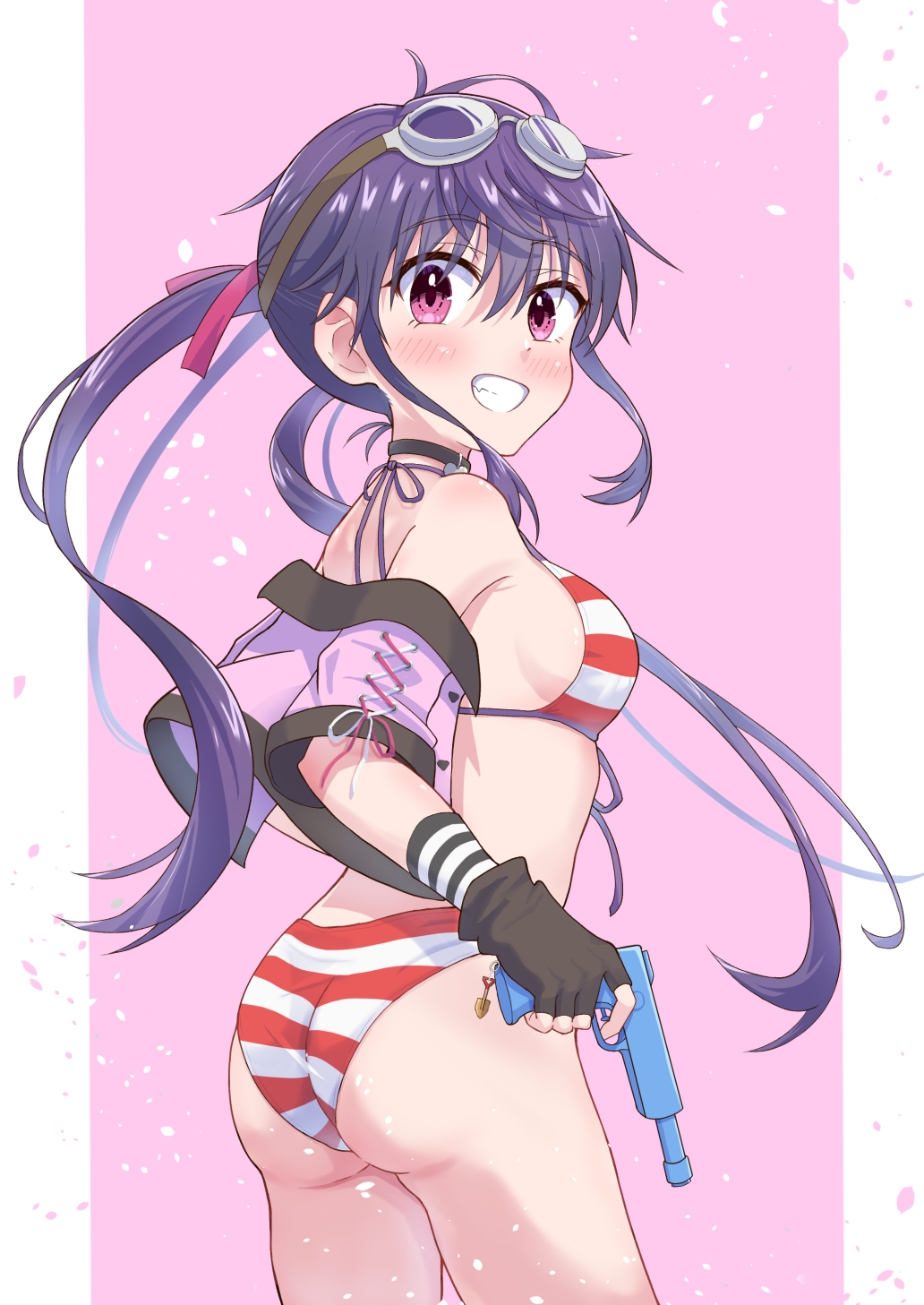 1girl, ass, bare_shoulders, bikini, black_choker, blush, breasts, choker, commentary_request, cropped_jacket, ebisuzawa_kurumi, eyelashes, fingerless_gloves, gakkou_gurashi!, gloves, goggles, goggles_on_head, grin, hair_between_eyes, highres, long_hair, looking_at_viewer, looking_back, off_shoulder, pink_background, pink_eyes, purple_hair, rokkii_(pixiv77873722), sideboob, simple_background, smile, solo, striped_bikini, striped_clothes, swimsuit, teeth, thighs, twintails, very_long_hair, water_gun, white_background