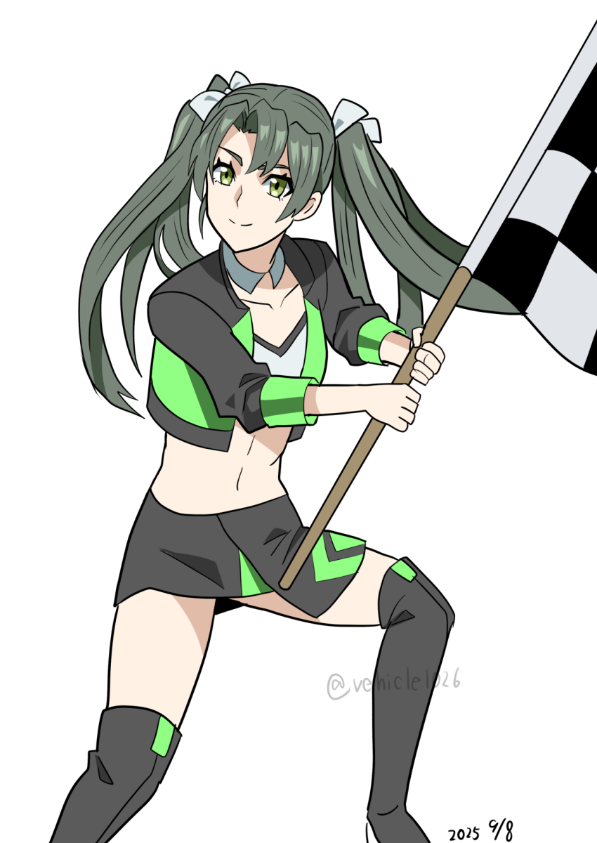 1girl, black_jacket, black_skirt, black_thighhighs, boots, checkered_flag, cropped_jacket, dated