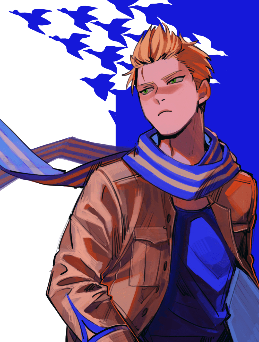 1boy, axis_powers_hetalia, blonde_hair, blue_background, blue_scarf, blue_shirt, breast_pocket, brown_jacket