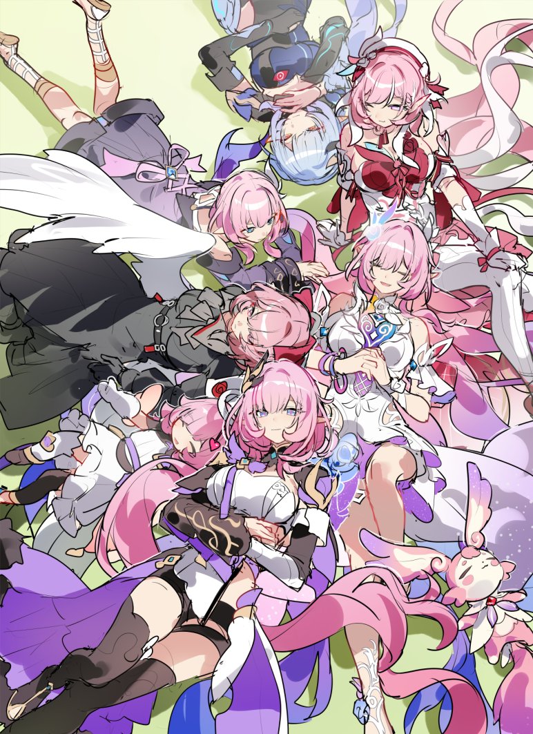 6+girls, angel_wings, beret, black_dress, black_shorts, blue_eyes, blue_hair, coat